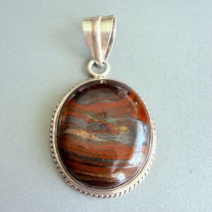 Artisan Handmade Large 24.92 CT Iron Tiger Eye Gemstone Sterling Silver Pendant